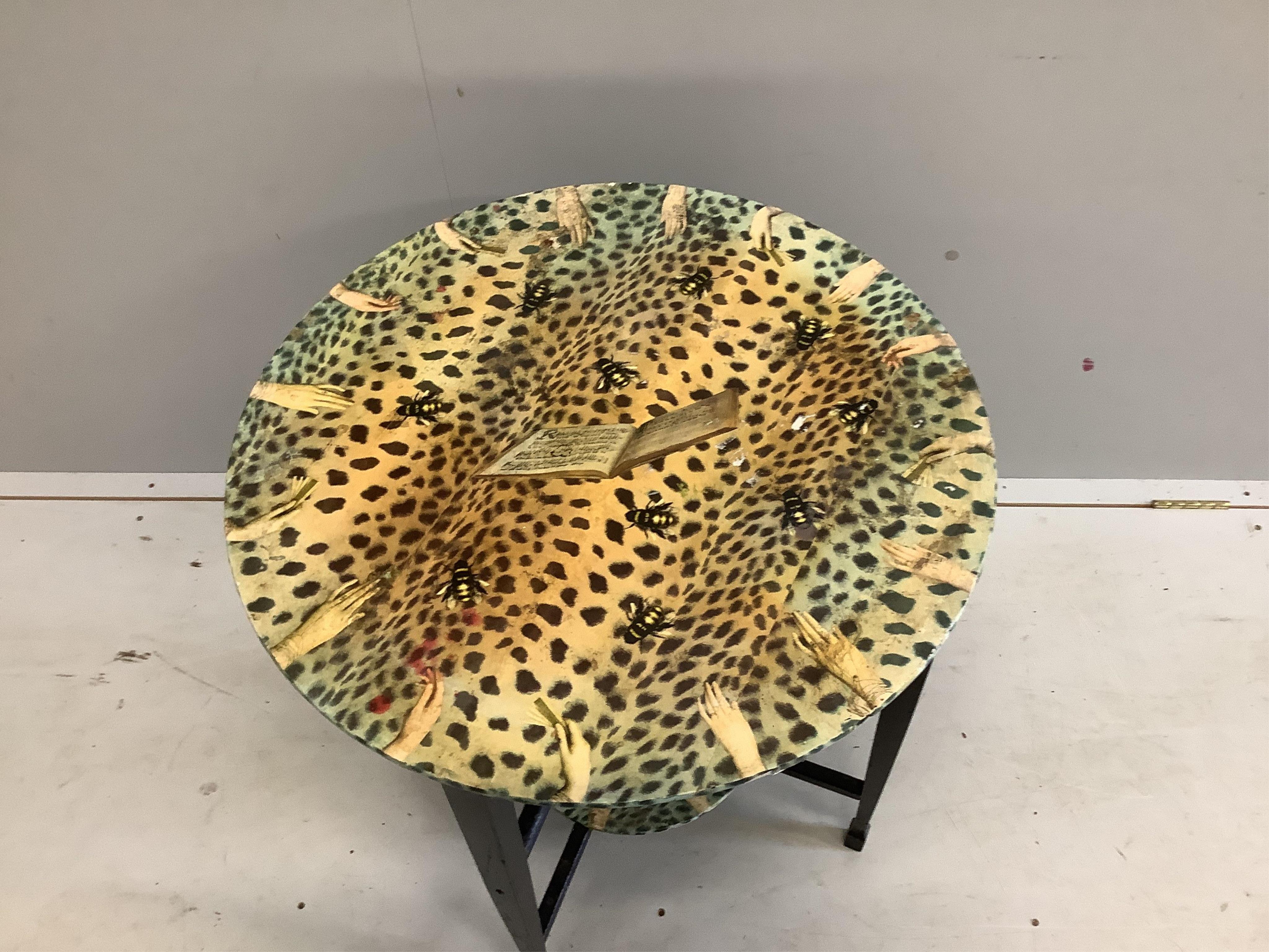 Julia Black, a decoupage faux leopard print two tier table, diameter 62cm, height 66cm. Condition - fair